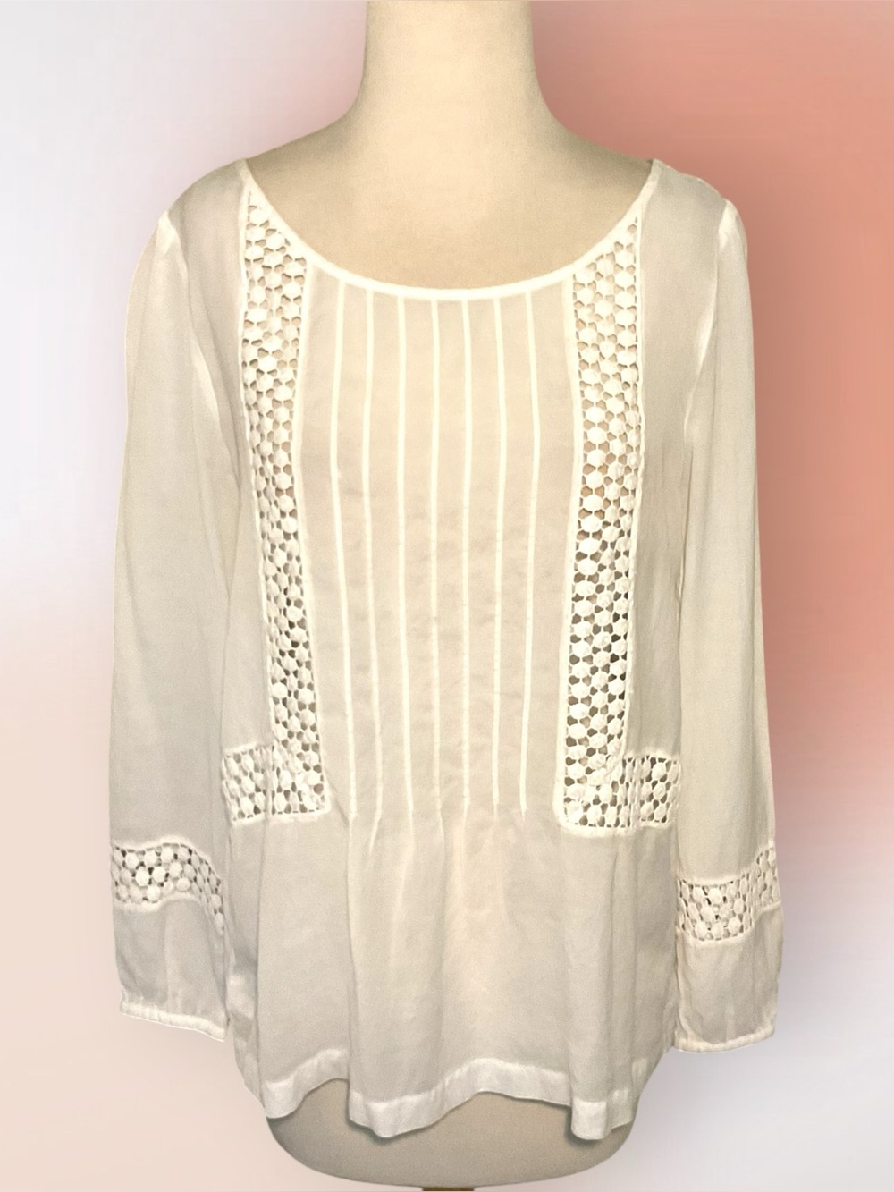 Loft White Cotton Blend Pullover Top with Open Lace Embellishment Size S